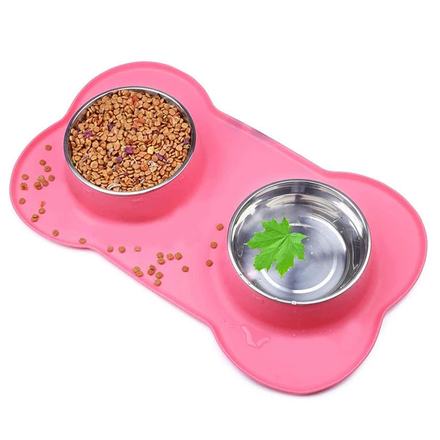 Non-Slip Double Dog Bowls with Silicone Mat